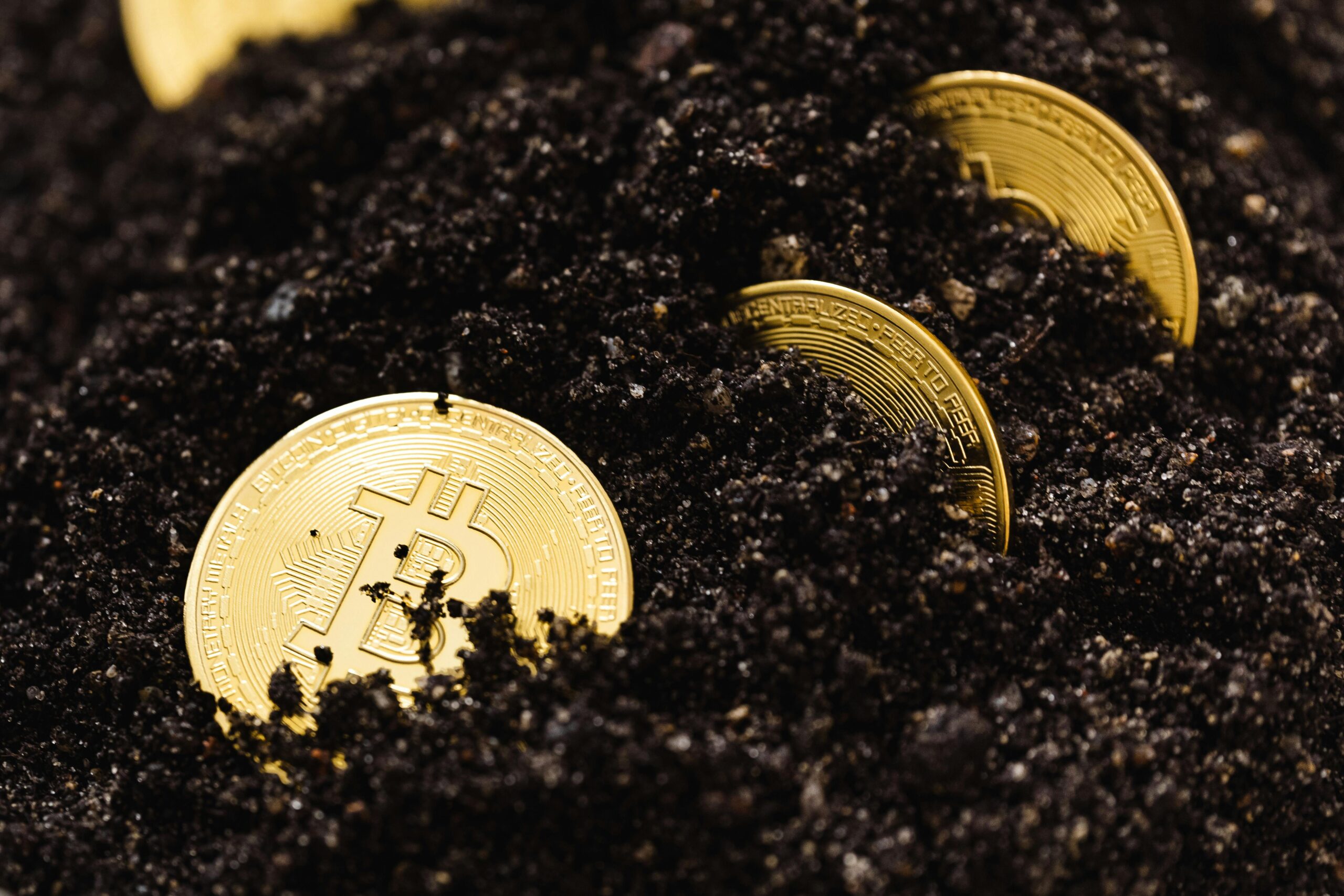 Close-up of golden bitcoins partially buried in dark, rich soil, symbolizing digital currency growth.
